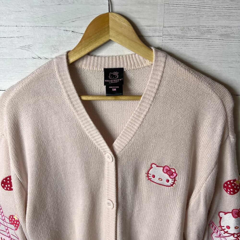 Hello Kitty Sweater Womens Size Small Pink Strawberry Milk Skimmer Cardigan - Picture 13 of 16